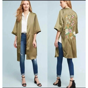 Anthropologie Floreat Green Silk Floral Embroidered Kimono Duster O/S NEW